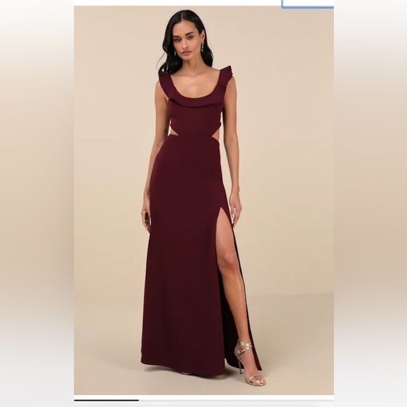 LuLu’s Captivating Charisma Plum Ruffled Cutout Tie-Back Maxi Dress Plum - Picture 1 of 11